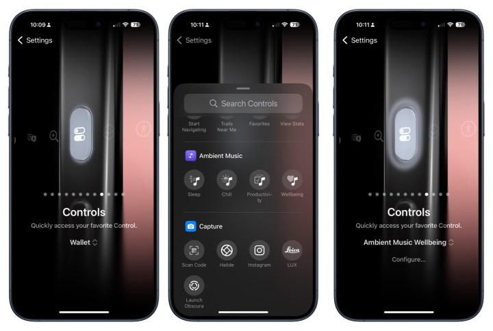 لقطات الشاشة التي توضح كيفية إضافة اختصار تحكم لقوائم تشغيل Apple Music إلى زر Action.
