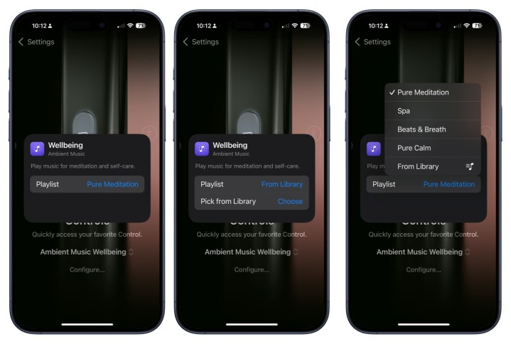 لقطات الشاشة التي توضح كيفية إضافة اختصار تحكم لقوائم تشغيل Apple Music إلى زر Action.