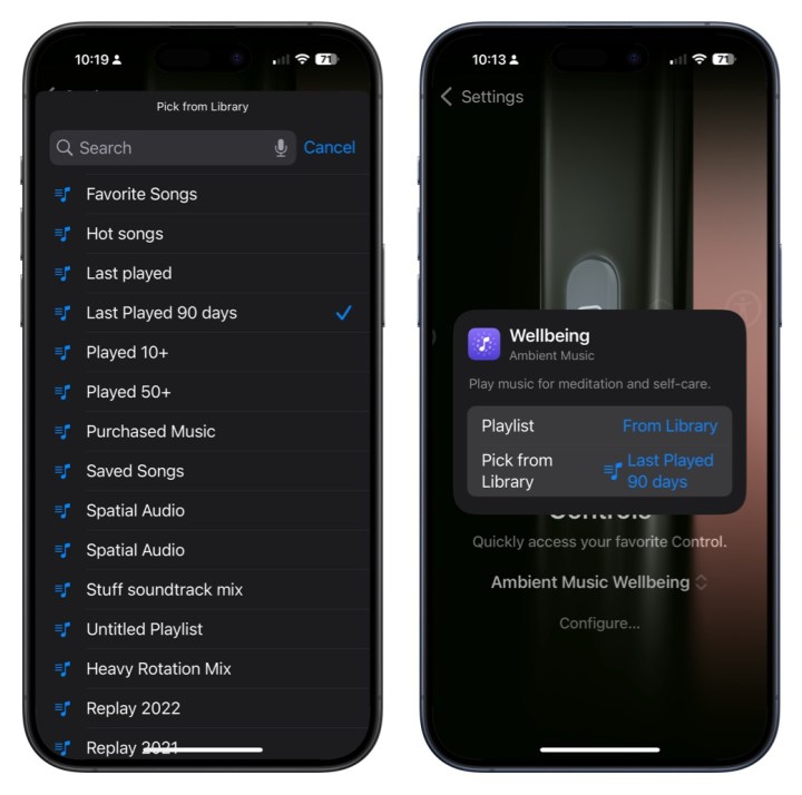 لقطات الشاشة التي توضح كيفية إضافة اختصار تحكم لقوائم تشغيل Apple Music إلى زر Action.