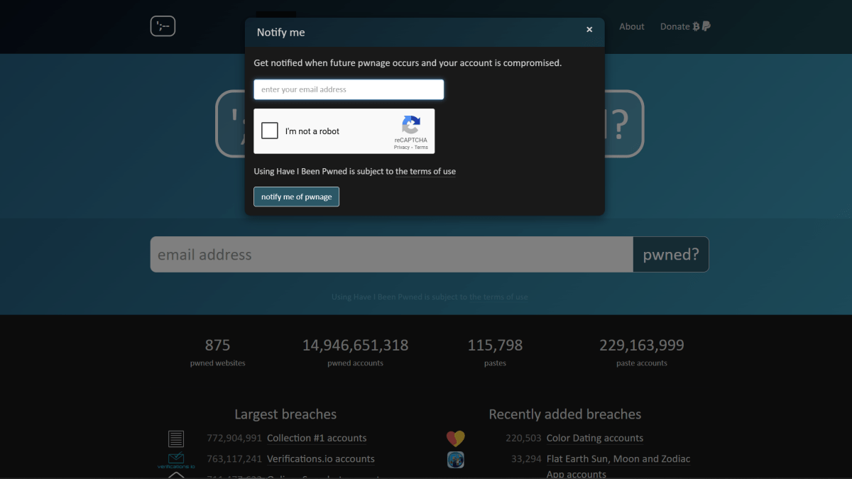 هل تم pwned - إشعار اشترك نافذة منبثقة