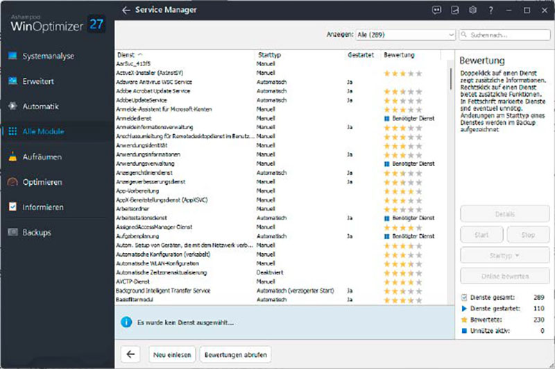 DAS Programm Ashampoo Winoptimizer Zeigt Die Für Windows Unverzichtbaren SystemDienste en und blendet für alle anderen user-bewertungen zum nutzen ein.