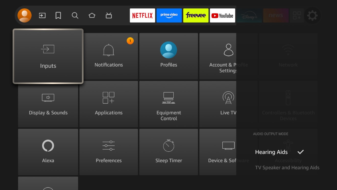 قائمة الإعدادات للصوت المزدوج على تلفزيون Amazon Fire TV Omni Mini.