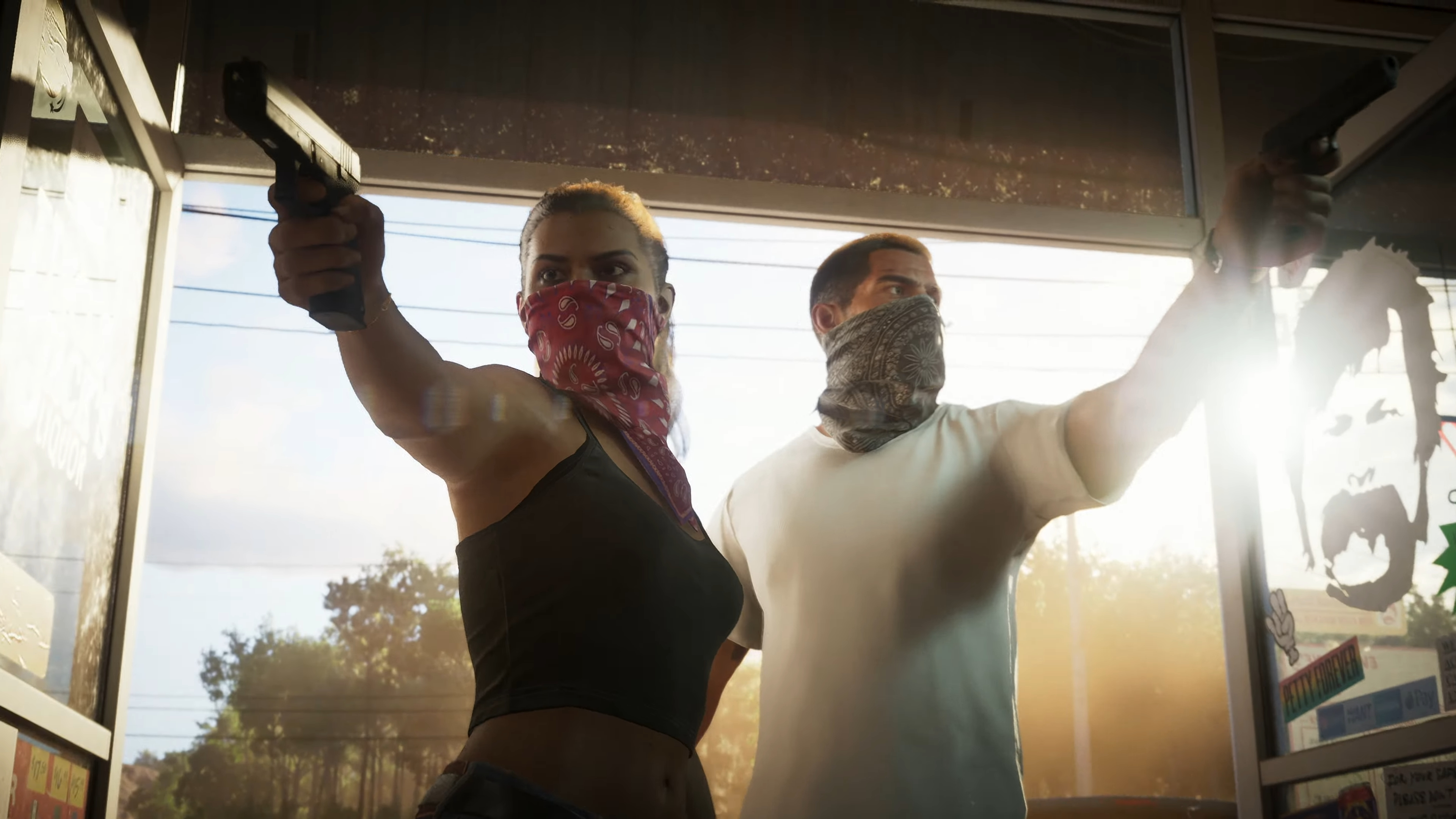 لوسيا وشريكها يسبرون متجرًا في GTA 6.