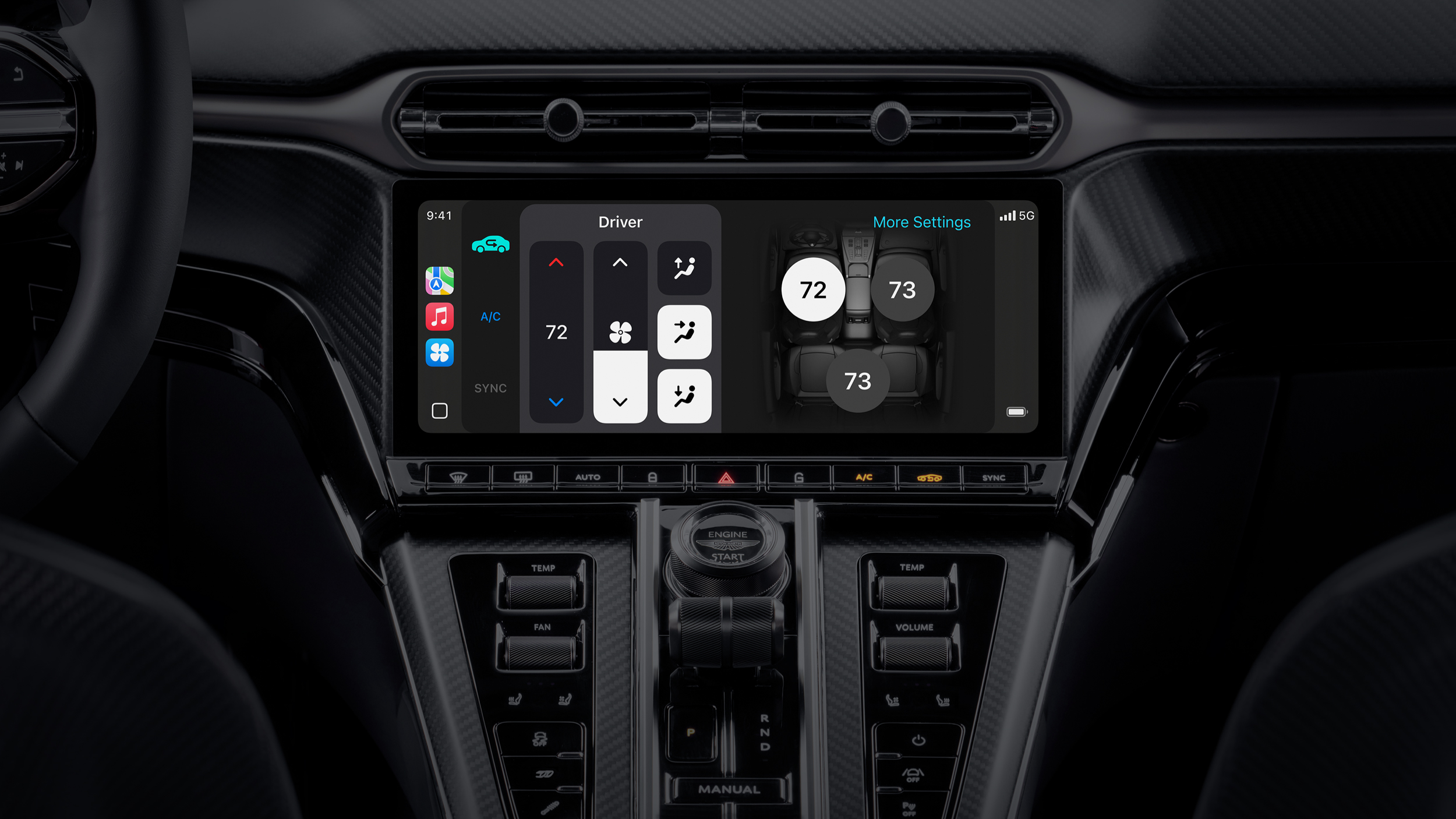 تلعب سيارة Apple Car Ultra على عرض المعلومات والترفيه التي تظهر عناصر التحكم في المناخ