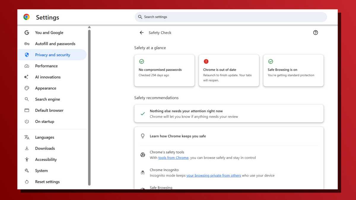 إعدادات Chrome Safety Check Check Screenshot