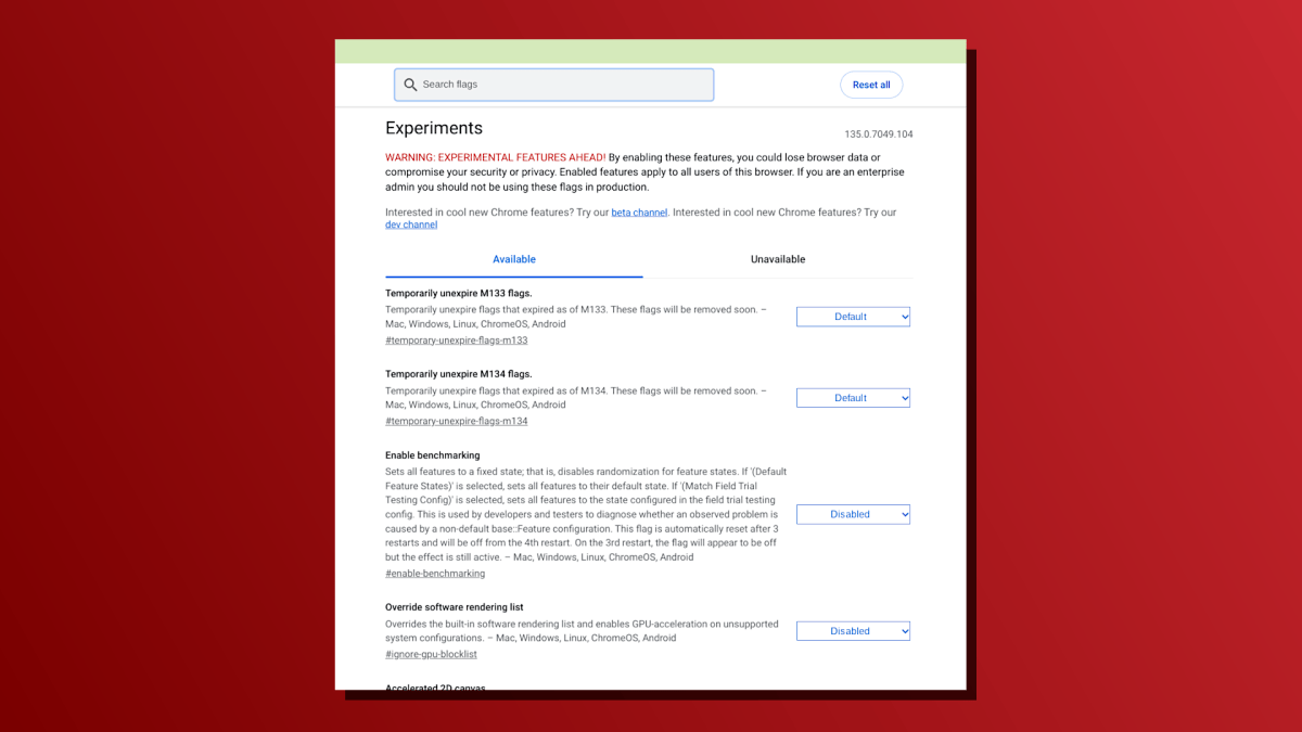 أعلام Chromeos للميزات التجريبية لقطات الشاشة