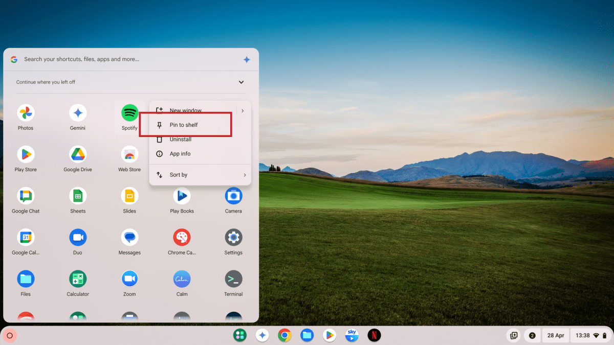 تطبيق PIN Chromeos إلى لقطة الشاشة على الرف