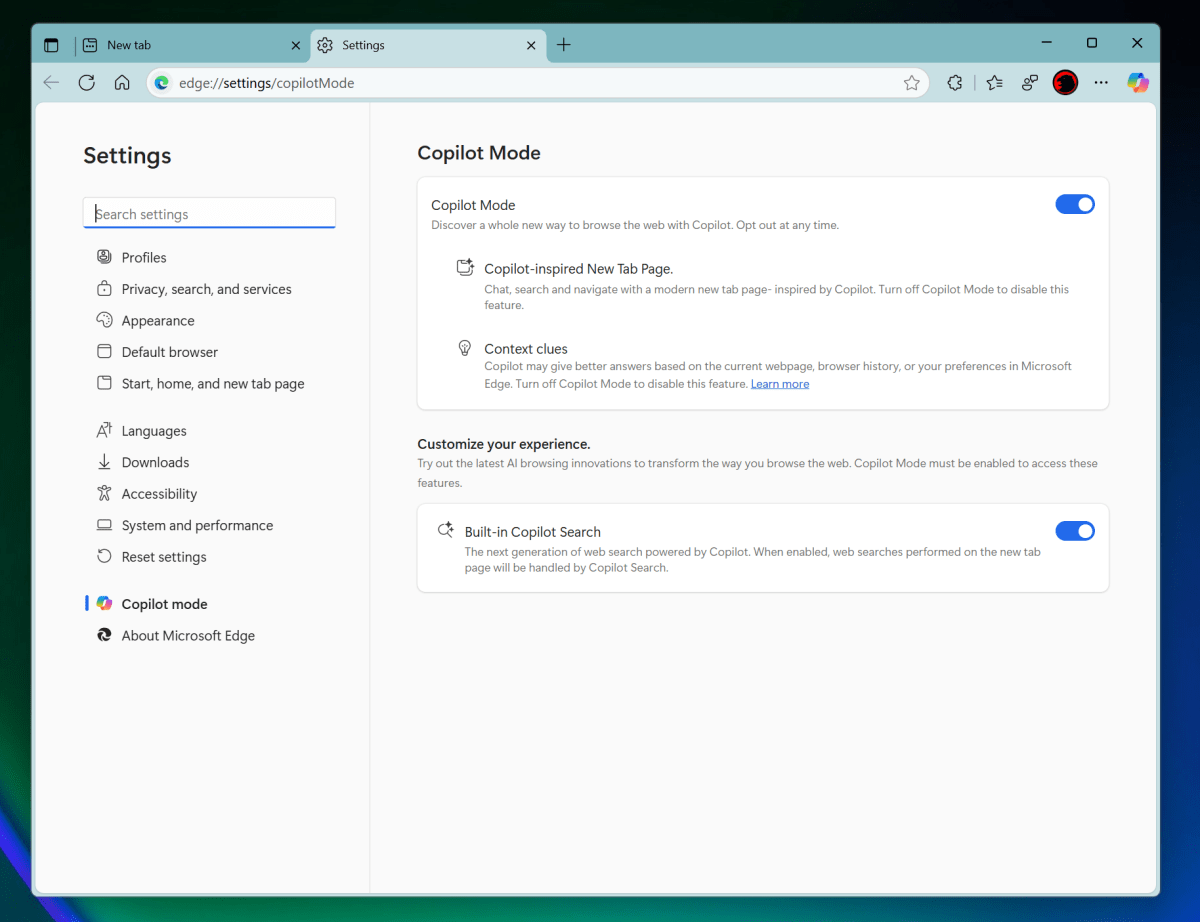 إعدادات وضع Microsoft Edge Copilot