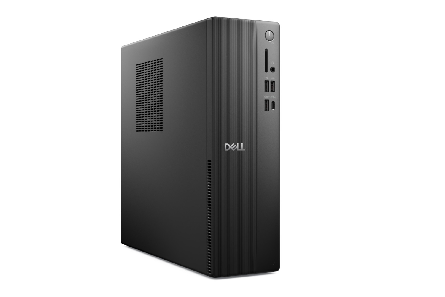 جهاز كمبيوتر Dell Slim Desktop على خلفية بيضاء.