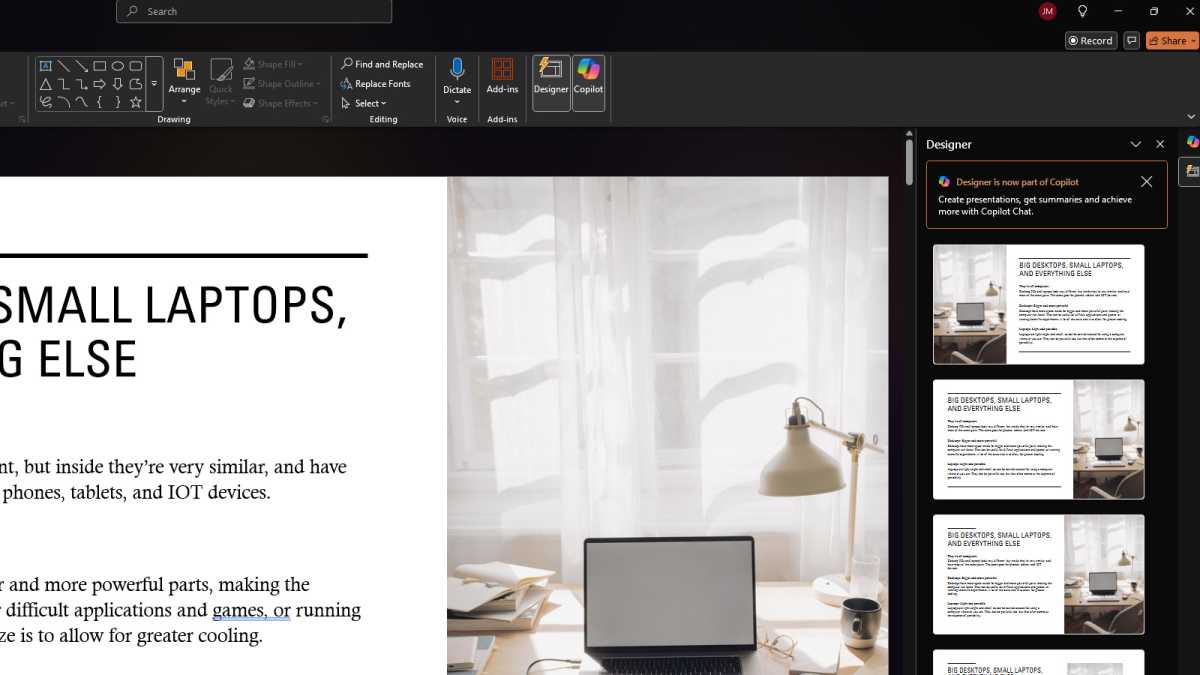 مثال Microsoft 365 Copilot ومصمم في شرائح PowerPoint