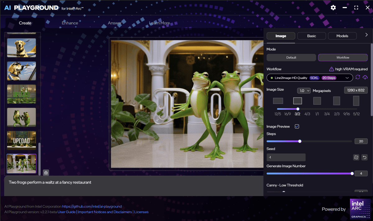 Intel AI Playground AI Art Frogs Settings