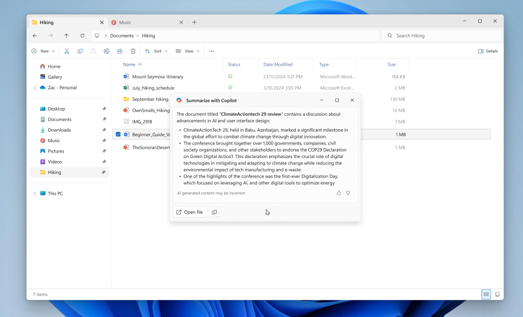 يلخص نظام التشغيل Windows 11 بإجراءات Copilot في FE مع إجراء Copilot في FE