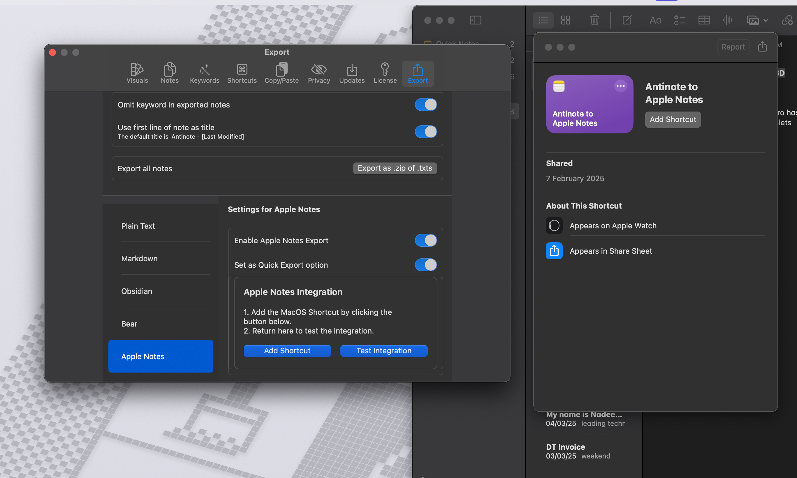 عناصر التحكم في التصدير في تطبيق Antinote لـ MacOS.