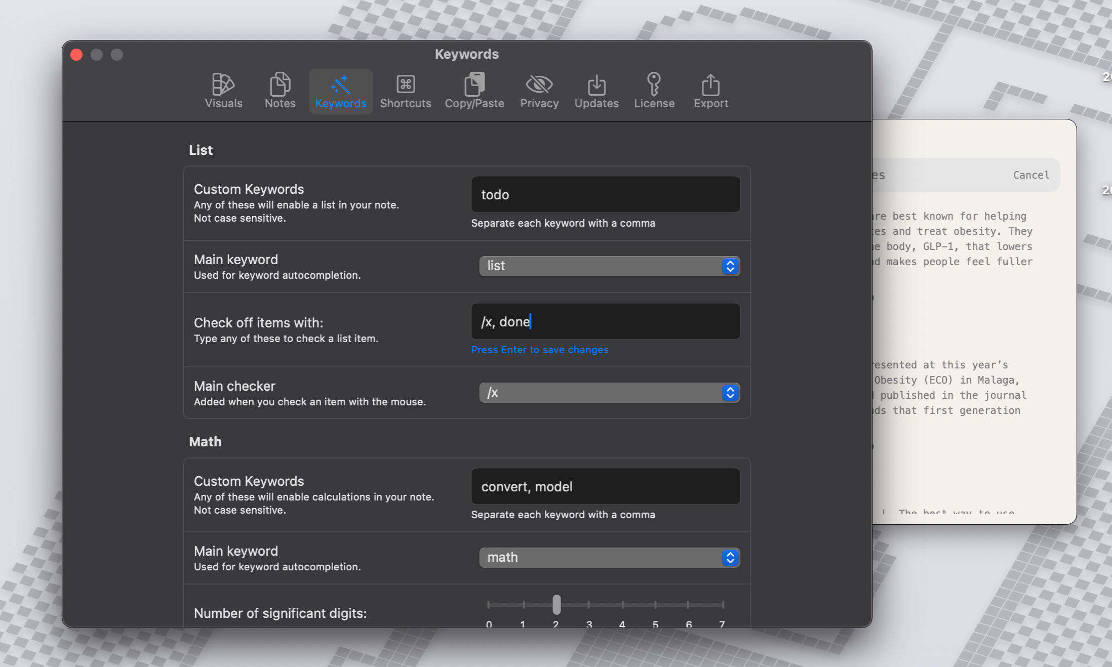 إعداد الكلمات الرئيسية في تطبيق Antinote لـ MacOS.