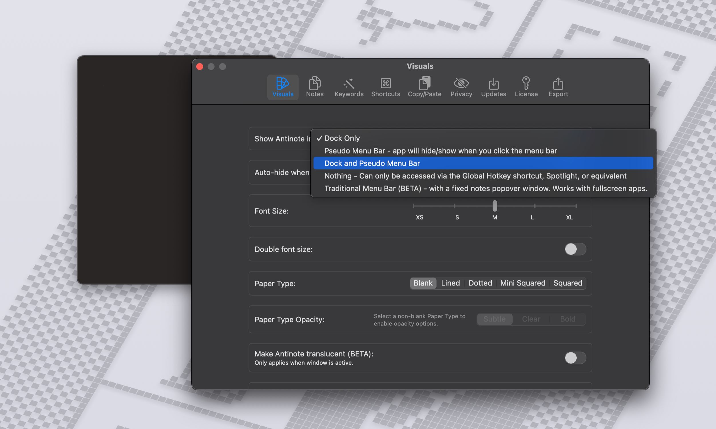 عناصر التحكم البصرية في تطبيق Antinote لـ MacOS.