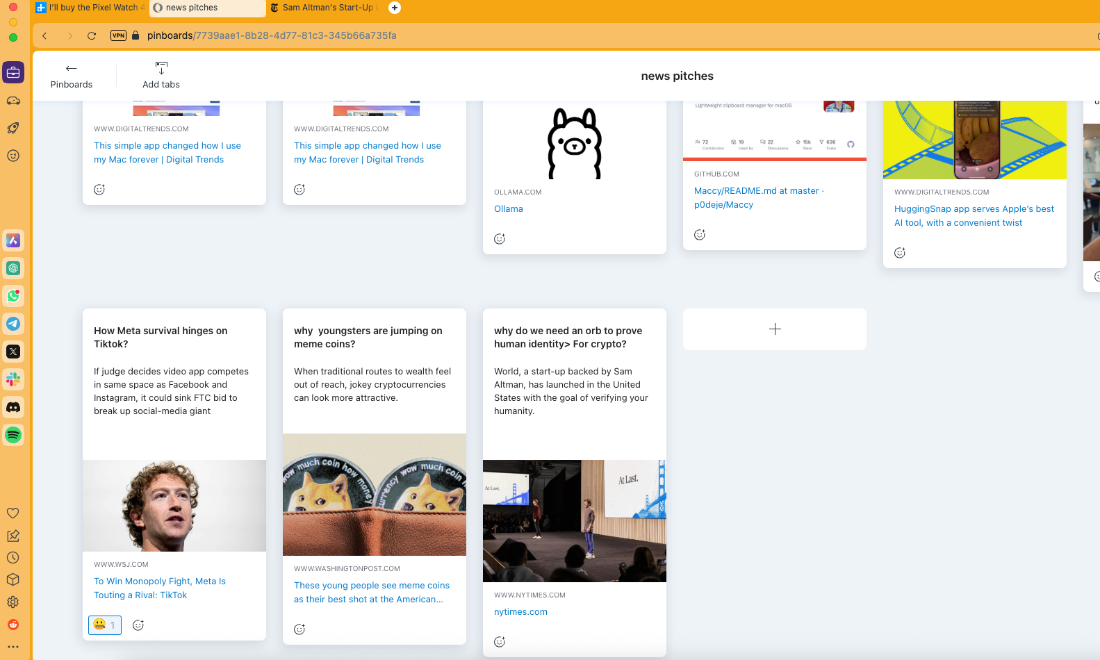 بطاقات pinboard في متصفح الأوبرا.