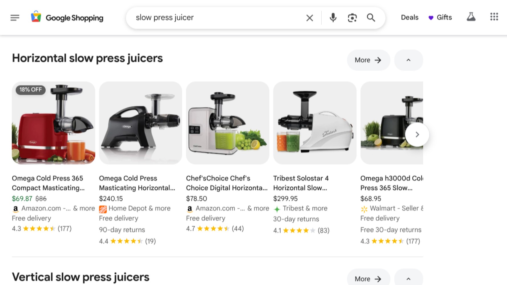 نتائج التسوق Google التي تظهر عصائر الصحافة البطيئة.