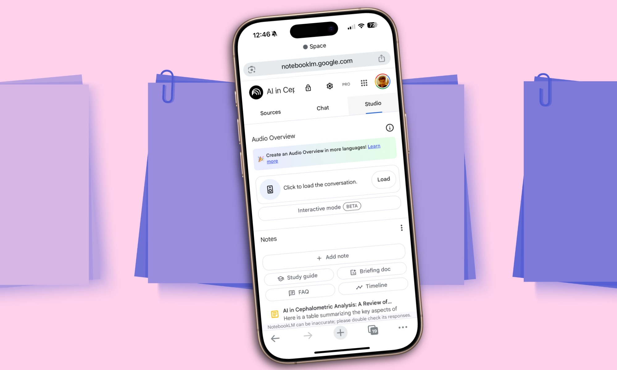 إصدار الويب من تطبيق NotebookLM من Google.