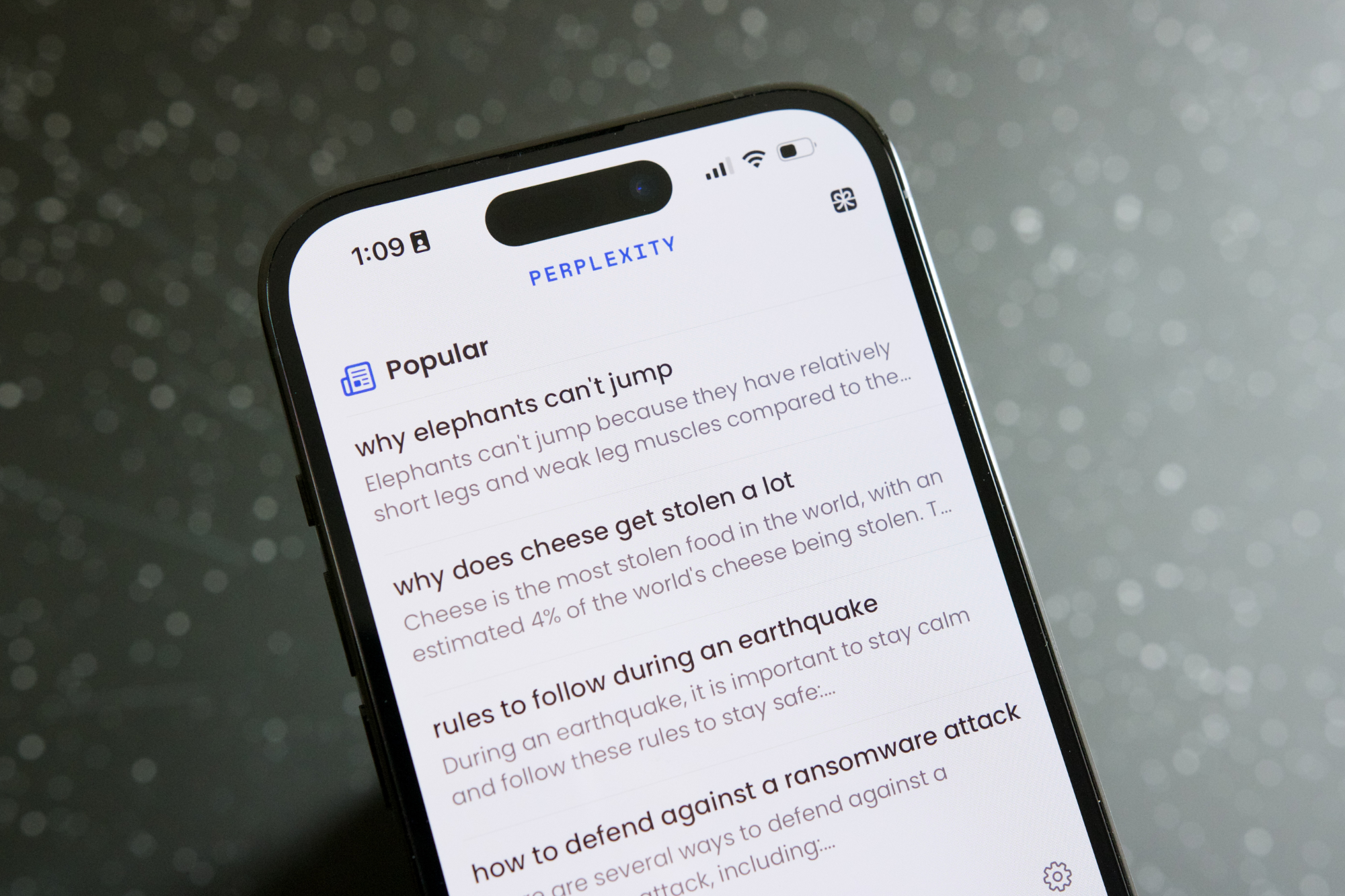 تطبيق Perplexity AI يعمل على iPhone 14 Pro.