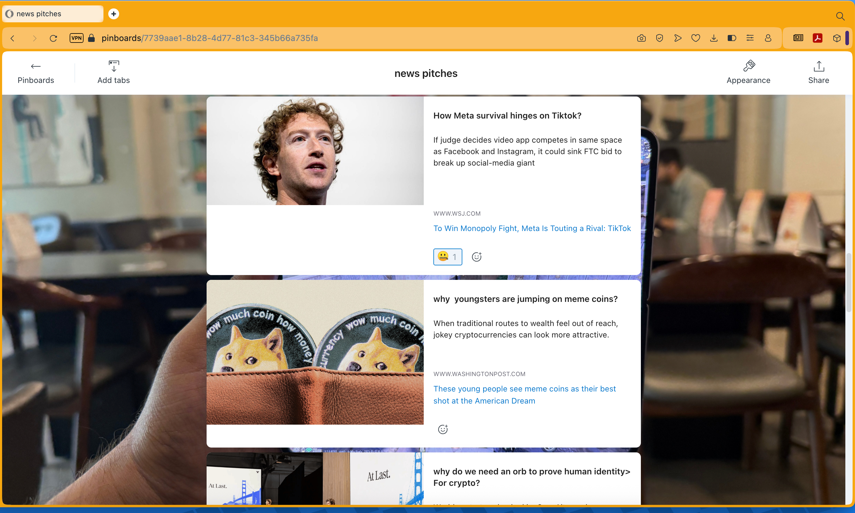 تخطيط pinboard على الأوبرا.