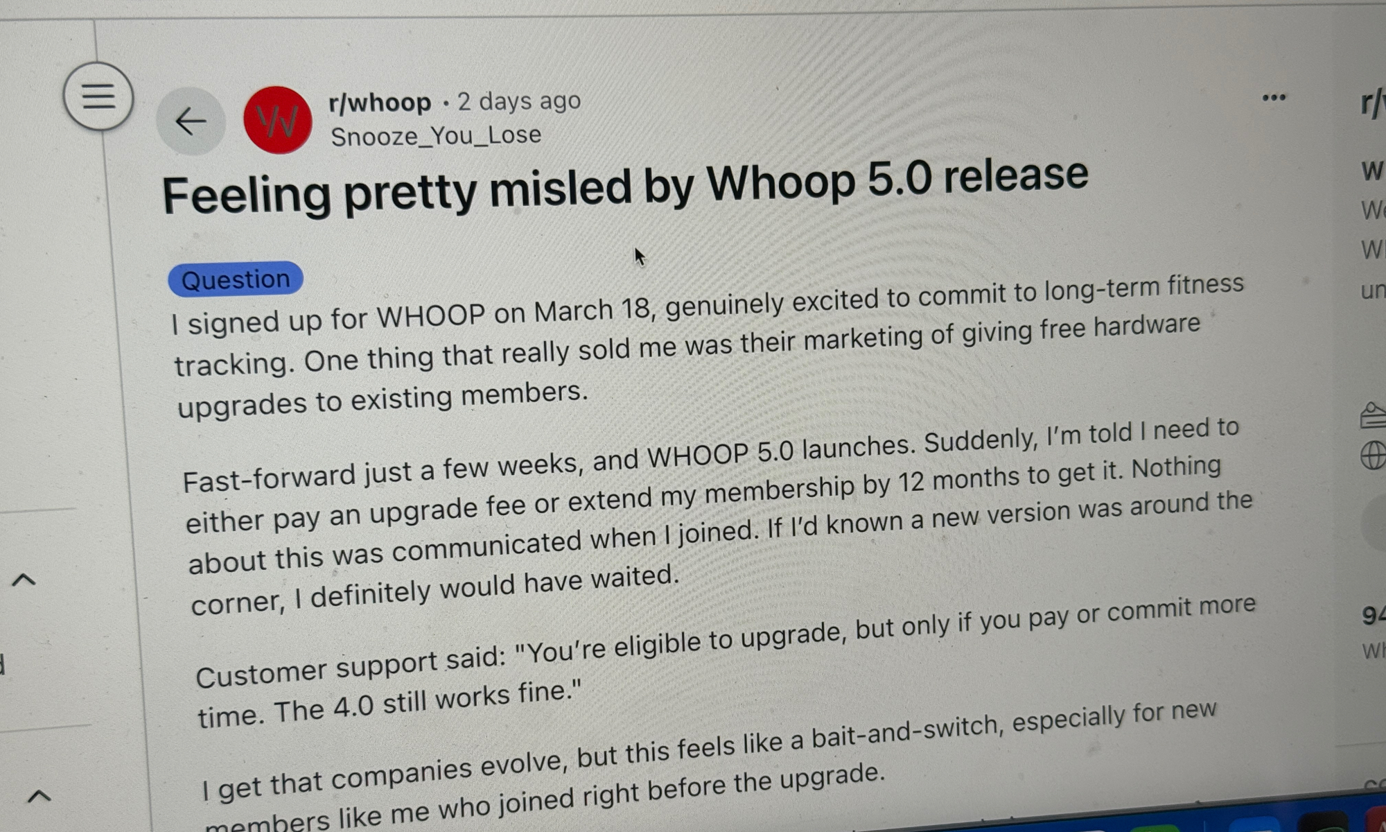 Reddit Post حول سياسة ترقية Whoop.