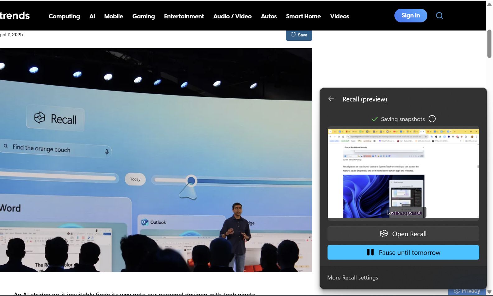 عرض شريط المهام لنظام التشغيل Windows 11 استدعاء.