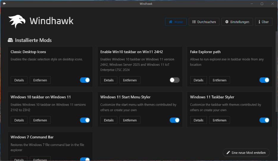 auf dem marktplatz windhawk stellen entwickler sogenannte mods zur verfügung ، mit denen anwender ihre windows-chner nach ihren wünschen anpassen können.