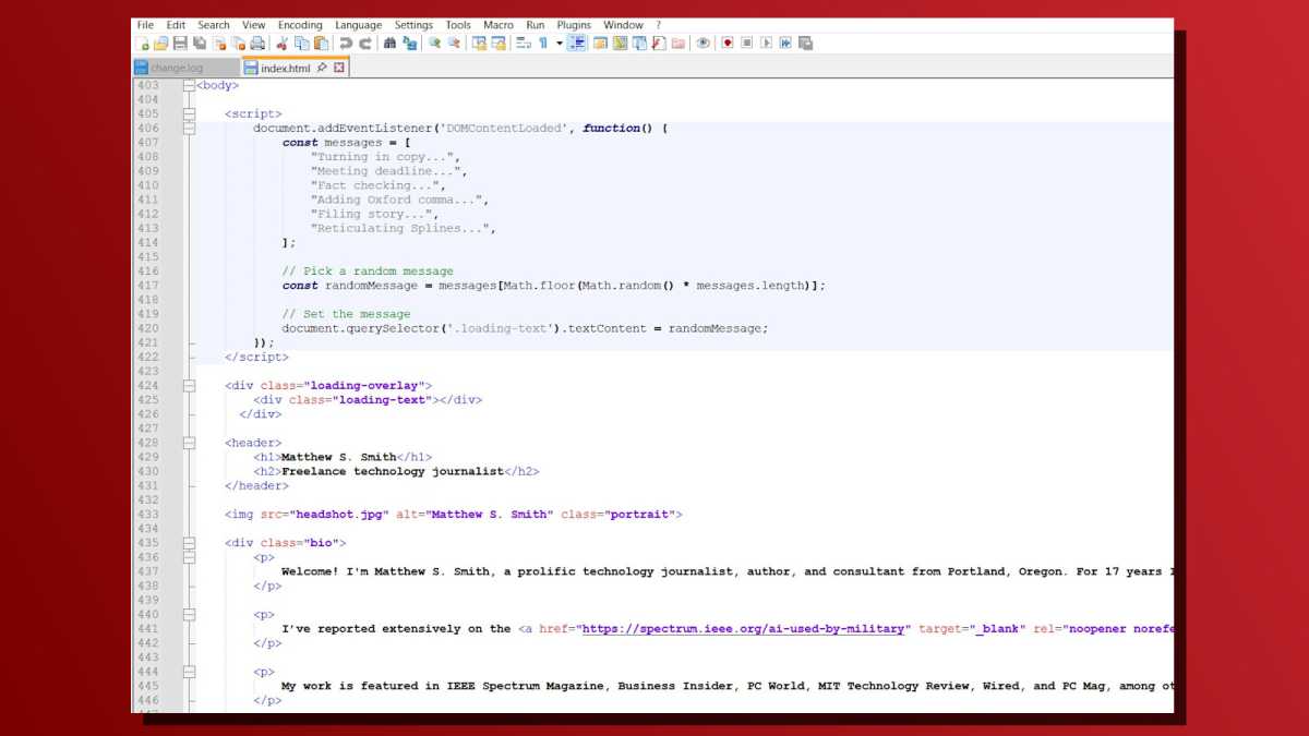 موقع ويب مشفر من الذكاء الاصطناعي في لقطة شاشة في Notepad ++