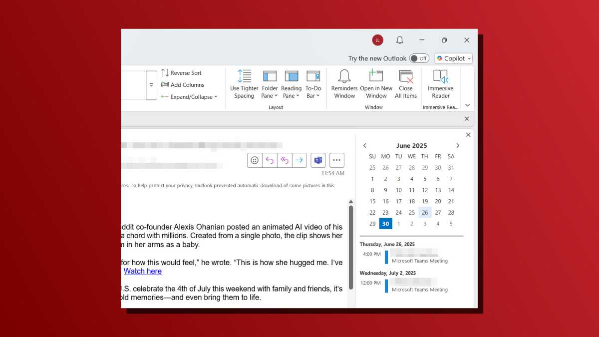 تقويم في لقطة تطبيق Outlook الكلاسيكية