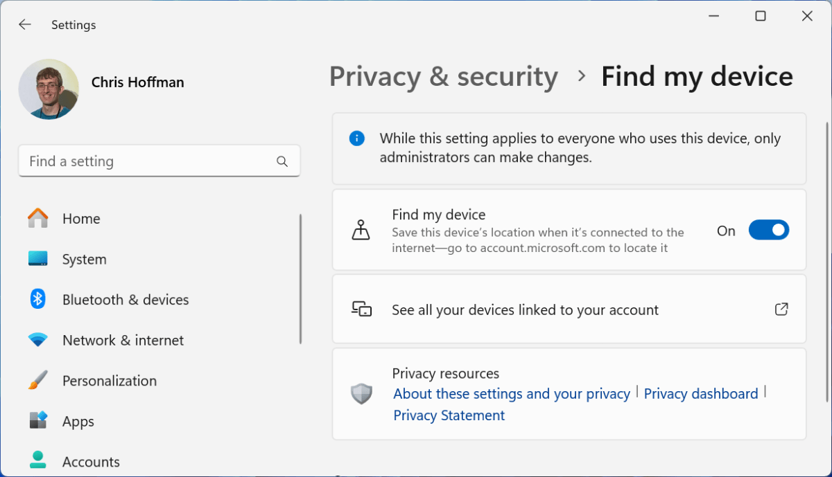 صفحة إعدادات Windows 11 للعثور على ميزة الجهاز الخاصة بي