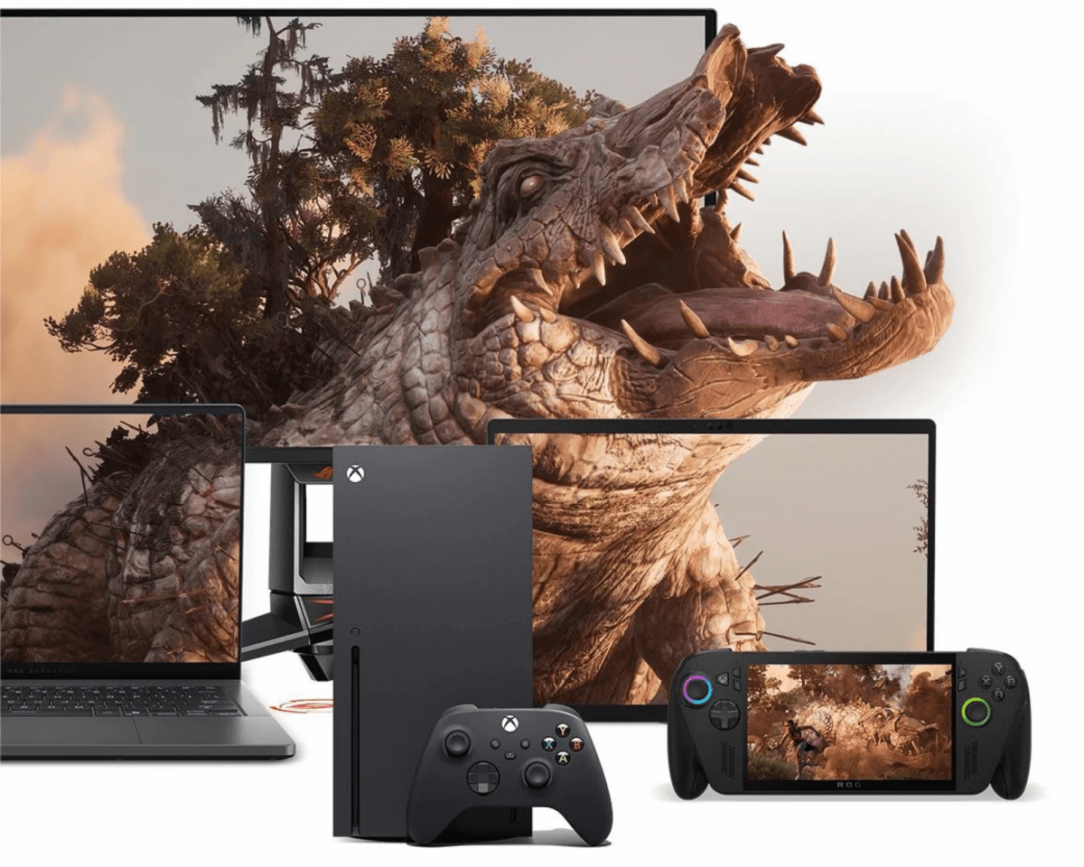 Rog Xbox Ally X و Xbox Series X ، مع أجهزة التلفزيون وأجهزة الكمبيوتر المحمولة وراءها
