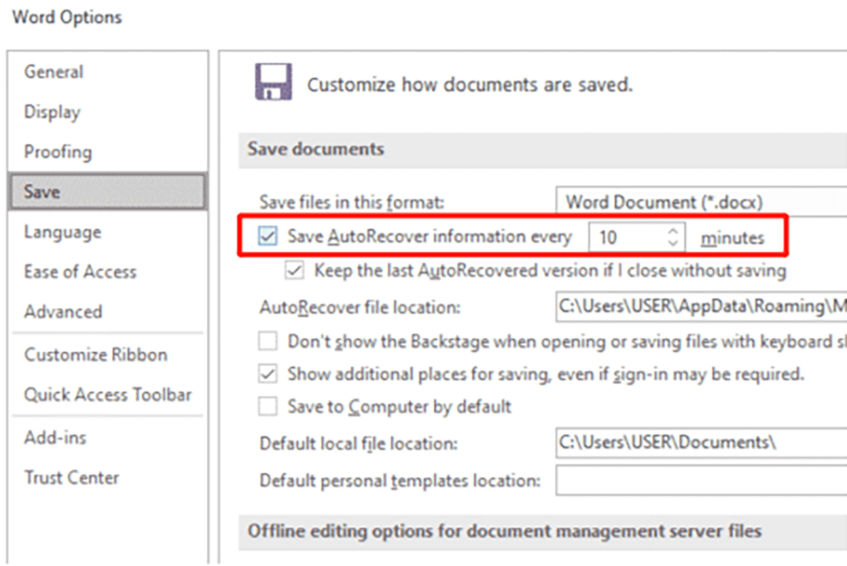 قم بتشغيل AutoRecover