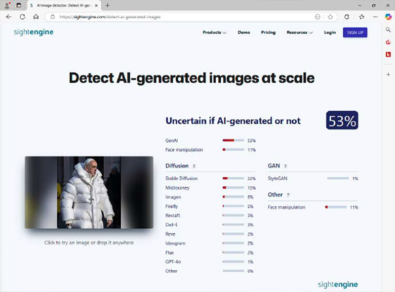 Beim Bild des papstes في einem weißen steppmantel ist sich die ki von sightengine nicht sicher ، ob es sich um einen deepfake handelt oder nicht.