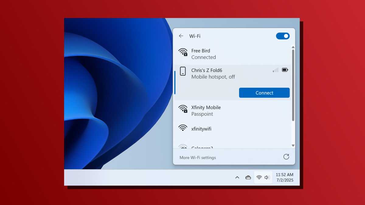 ميزة نقطة هوت متنقلة فورية عبر رابط الهاتف على لقطة شاشة Windows 11