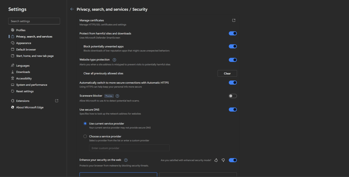 ميزة Microsoft Edge Scarware في الإعدادات