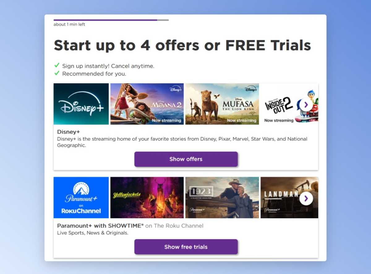 شاشة إعداد Roku تعرض عروض تجريبية مختلفة.