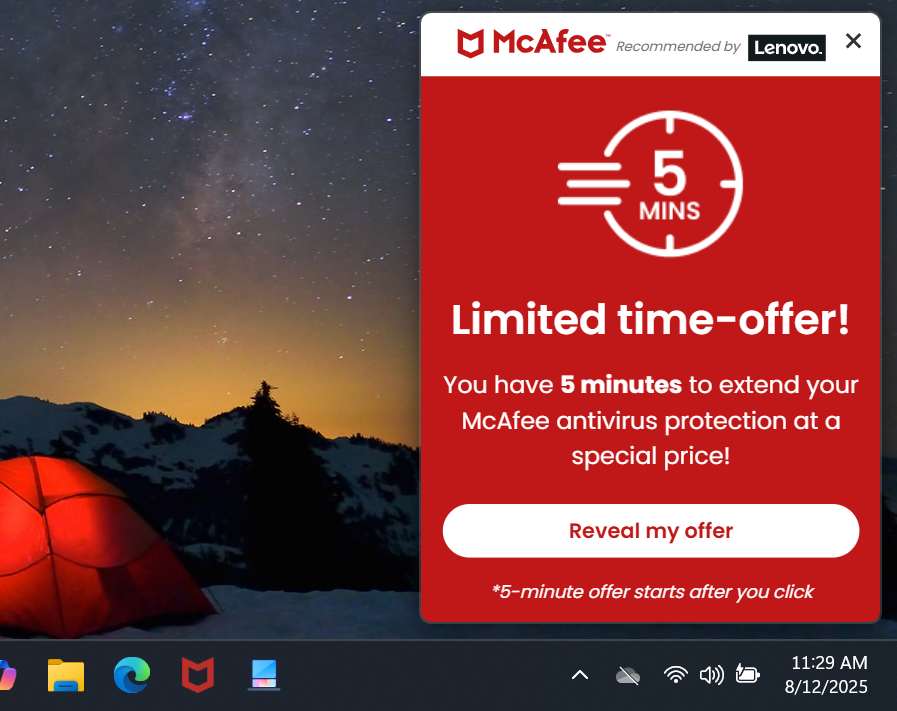 MCAFEE Antivirus Security لديك لقطة شاشة 5 دقائق تحذير