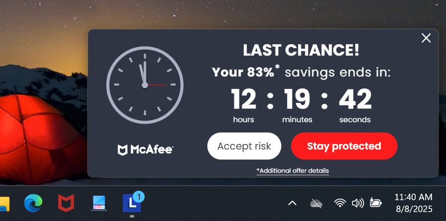 McAfee Antivirus تحذير رسالة آخر لقطة شاشة