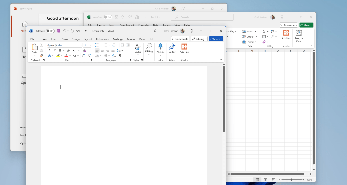Microsoft Office Apps Word Excel و PowerPoint التداخل لقطة الشاشة