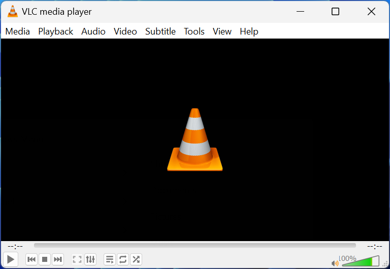 شاشة VLC Media Player Black مع عدم تحميل أي شيء باستثناء لقطة الشاشة VLC Orange Cone