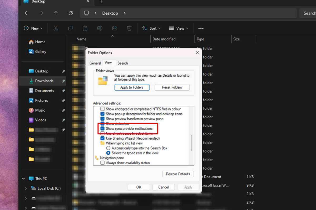 إعداد نظام التشغيل Windows 11 لتعطيل الإعلانات في لقطة شاشة مستكشف الملفات