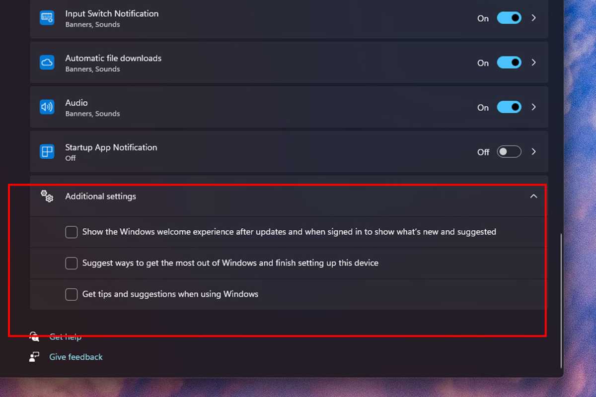 إعداد نظام التشغيل Windows 11 لتعطيل الإعلانات في لقطة شاشة للإشعارات