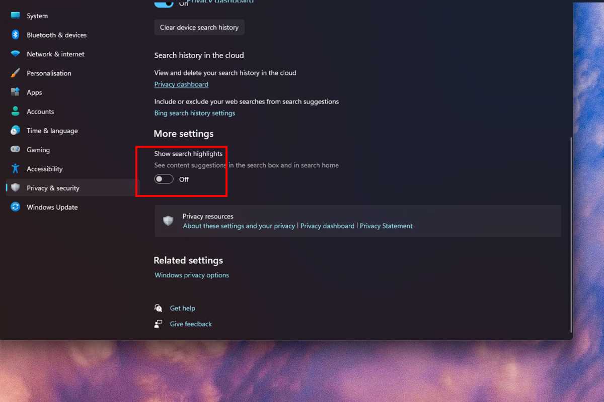 إعداد Windows 11 لتعطيل لقطة شاشة الإعلانات المميزة للبحث