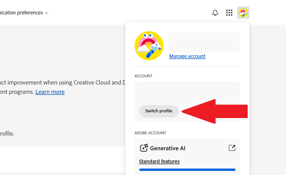 خيار ملف تعريف التبديل داخل موقع Adobe على الويب