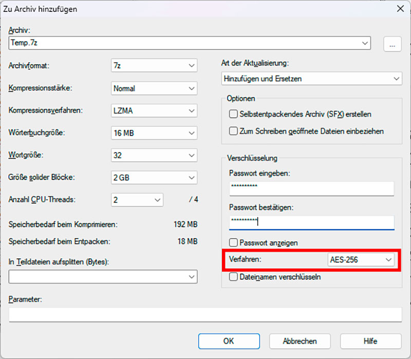 MIT dem packprogramm 7-zip Können sie zip-dateien auch sicher verschlüsseln. Achten sie darauf ، dass als verschlüsselungsverfahren aes-256 eingestellt ist.