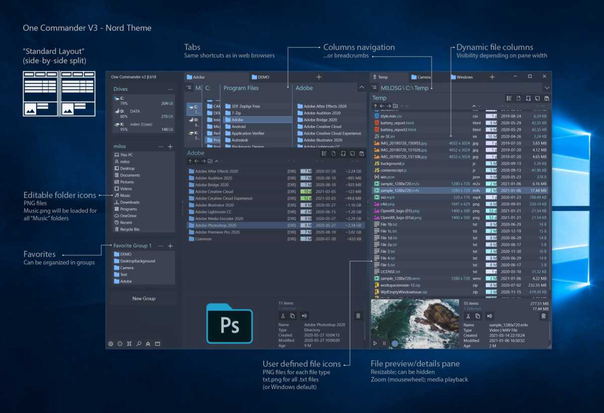 Der One Commander entspricht im funktionsumfang weitgehend dem windows-explorer ، kann jedoch mit einer flexibel anpassbaren zwei-fenster-ansicht aufwarten.