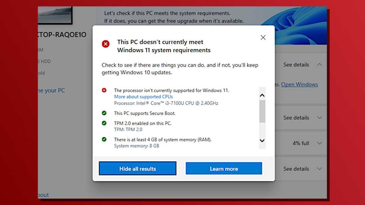 Windows 10 End of Support Windows 11 PC Health Check Results Screenshot