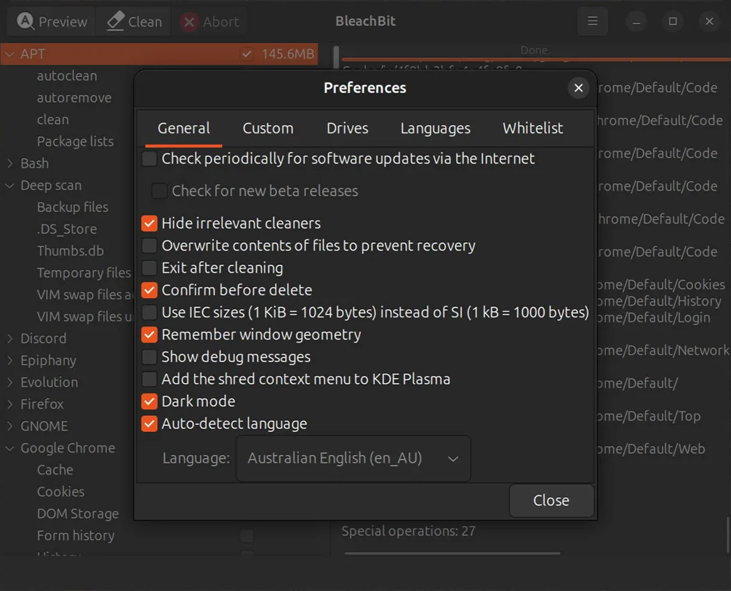 Bleachbit 5.0 إعدادات