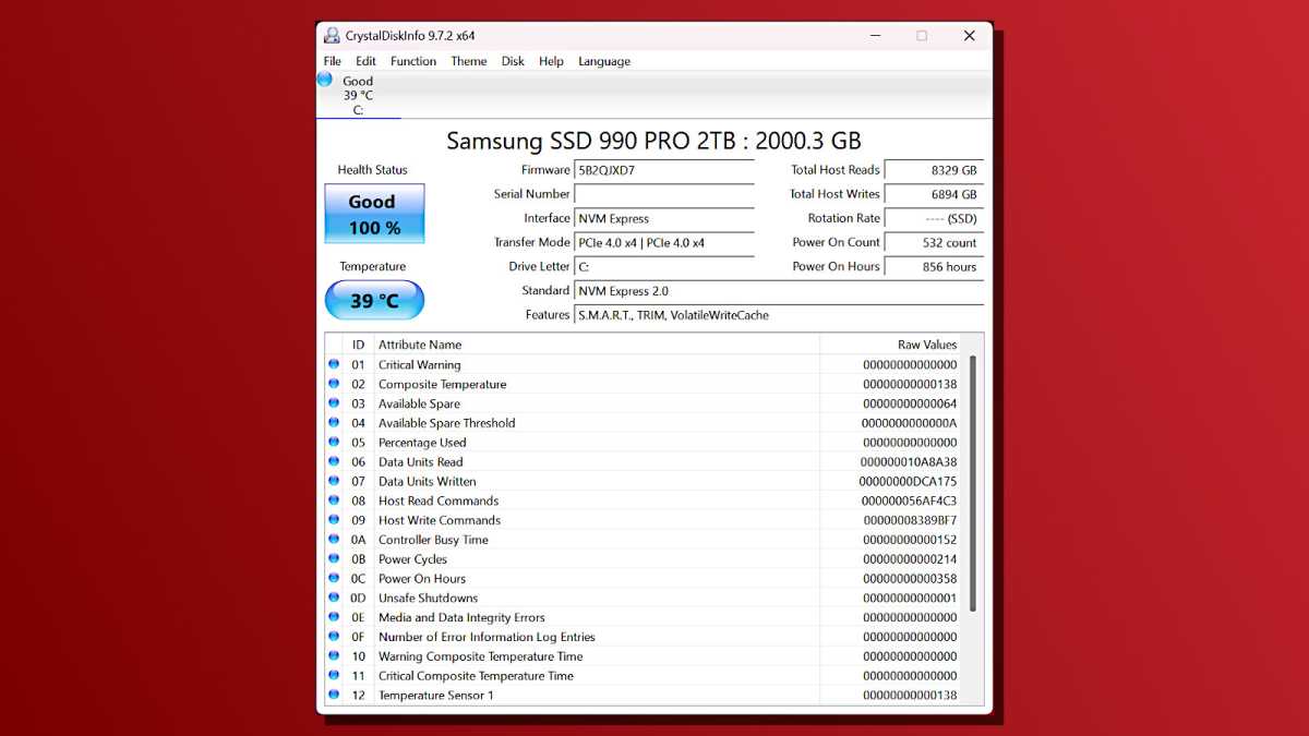 مواصفات محرك Crystaldiskinfo لـ Samsung 990 Pro 2TB SSD Screenshot