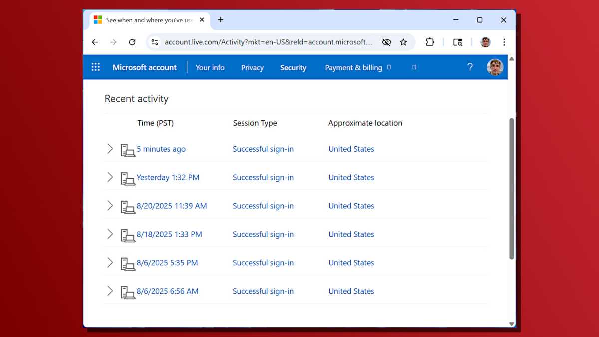 إعدادات حساب Microsoft لقطة شاشة سجل الوصول إلى الجهاز